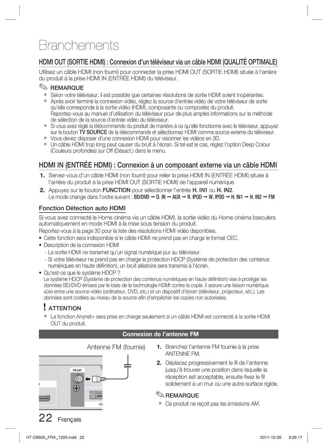 Samsung HT-D6500/XN, HT-D6500/EN, HT-D6500/XE Antenne FM fournie, Fonction Détection auto Hdmi, Connexion de l’antenne FM 