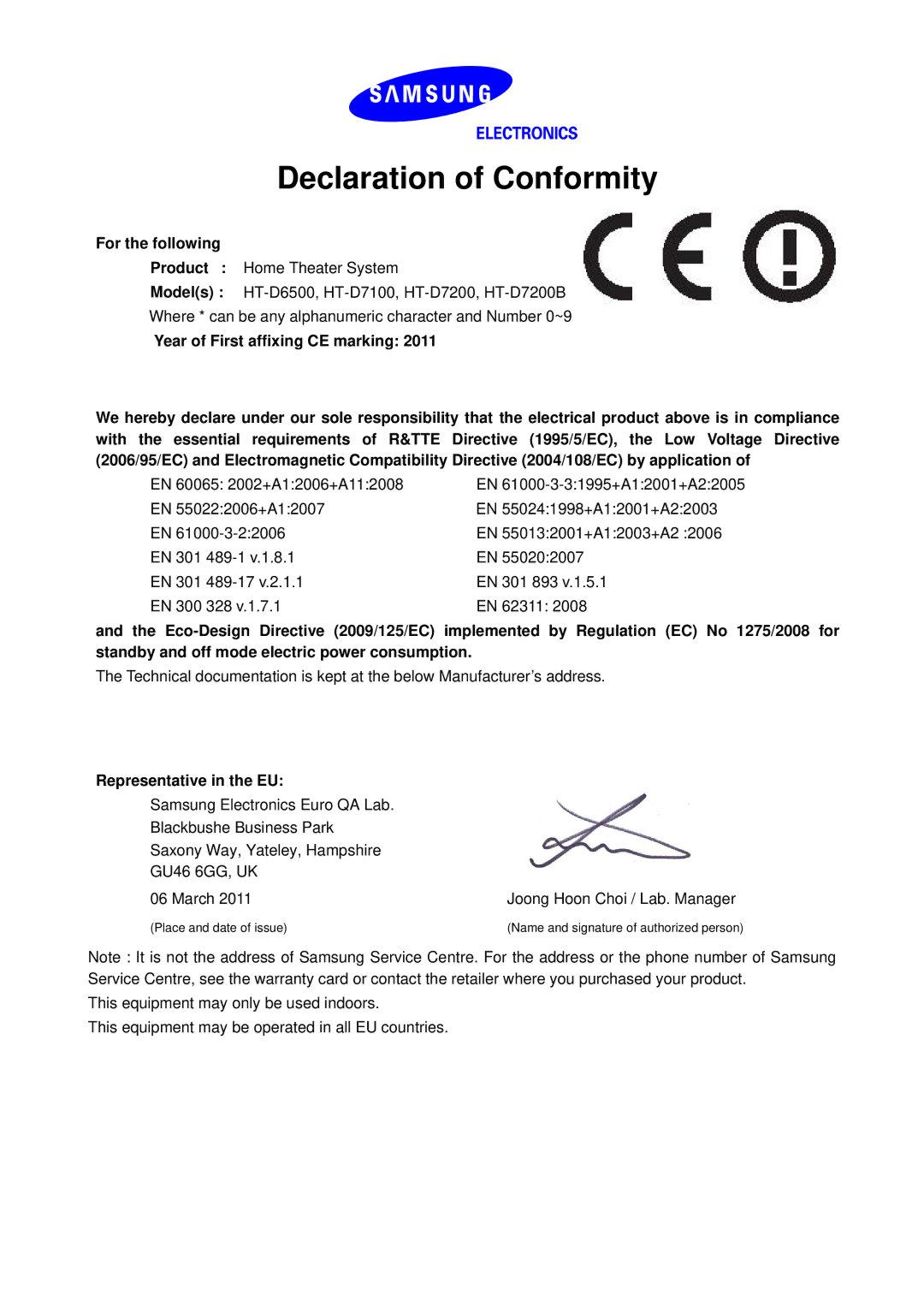 Samsung HT-D6500/EN, HT-D6500/XN, HT-D6500/XE manual Declaration of Conformity, For the following, Representative in the EU 