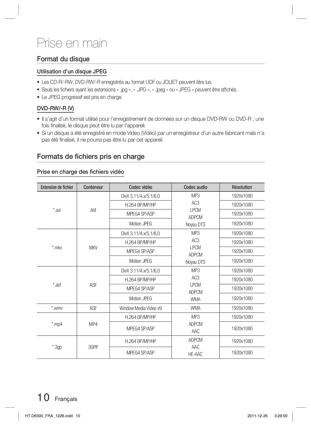 Samsung HT-D6500/XN manual Format du disque, Formats de ﬁchiers pris en charge, Utilisation dun disque Jpeg 