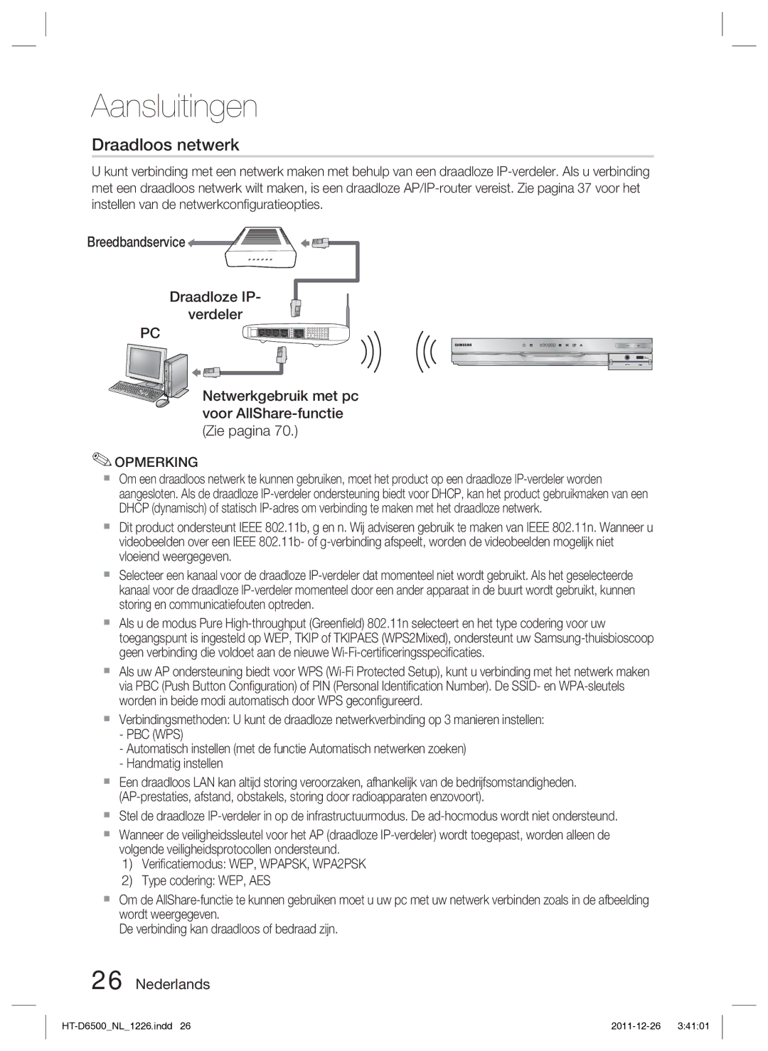 Samsung HT-D6500/XN manual Draadloos netwerk 