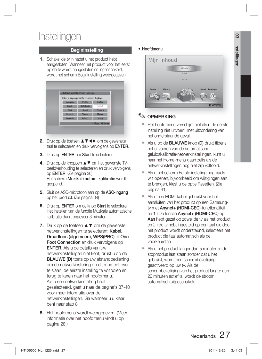 Samsung HT-D6500/XN manual Instellingen, Begininstelling, Druk op Enter om Start te selecteren, Hoofdmenu 