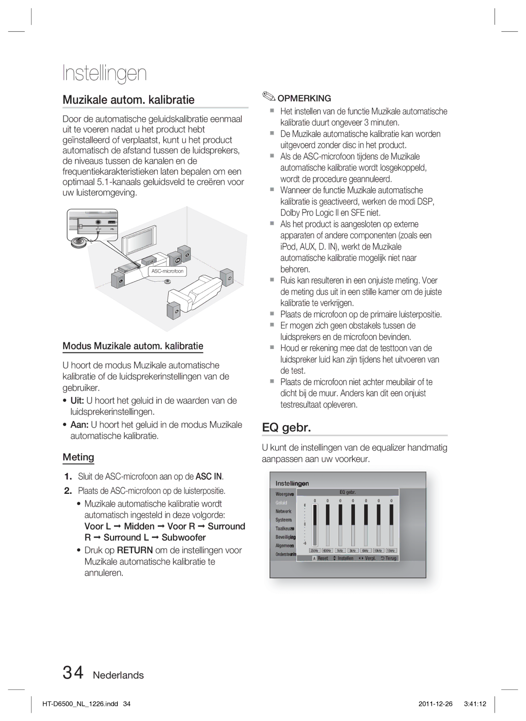 Samsung HT-D6500/XN manual EQ gebr, Modus Muzikale autom. kalibratie, Meting 