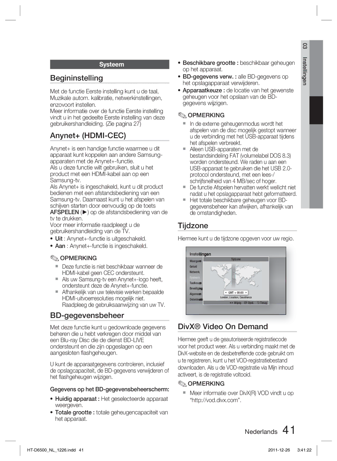 Samsung HT-D6500/XN manual Begininstelling, Anynet+ HDMI-CEC, BD-gegevensbeheer, Tijdzone, DivX Video On Demand 