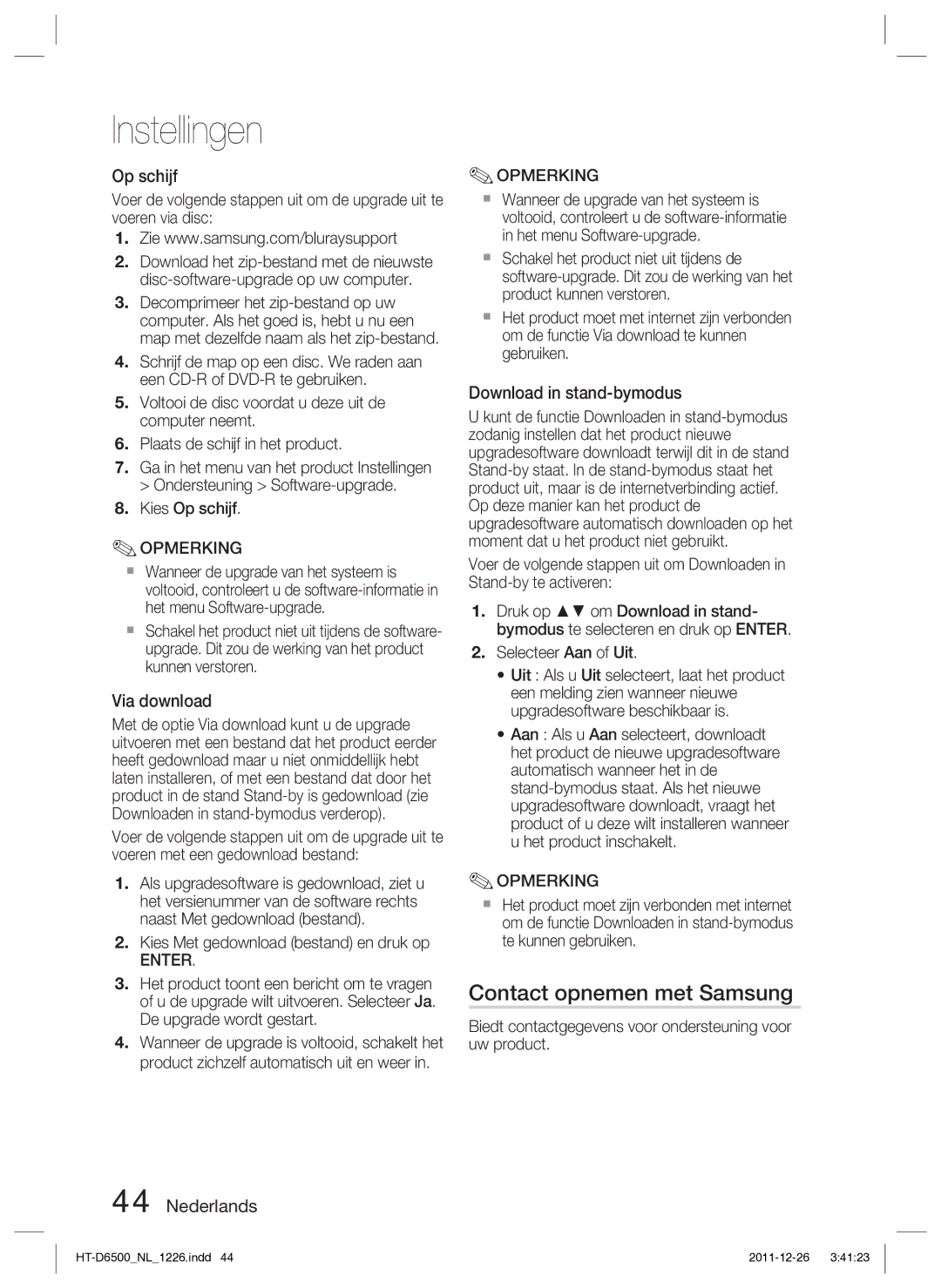 Samsung HT-D6500/XN manual Contact opnemen met Samsung, Op schijf, Via download, Download in stand-bymodus 