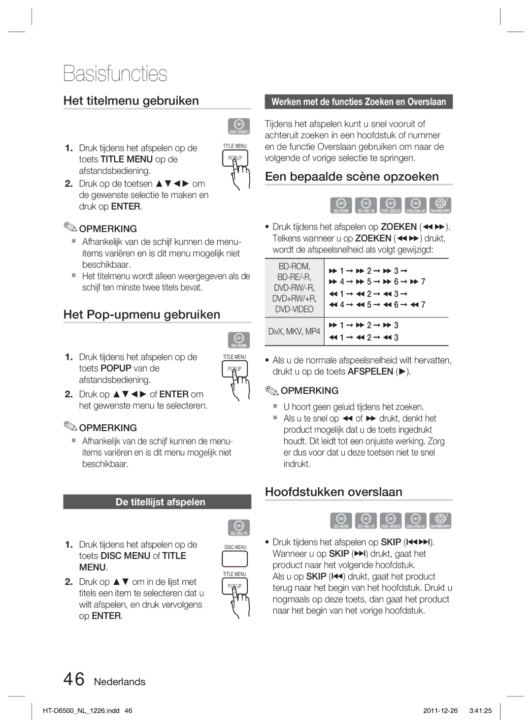 Samsung HT-D6500/XN Het titelmenu gebruiken, Het Pop-upmenu gebruiken, Een bepaalde scène opzoeken, Hoofdstukken overslaan 