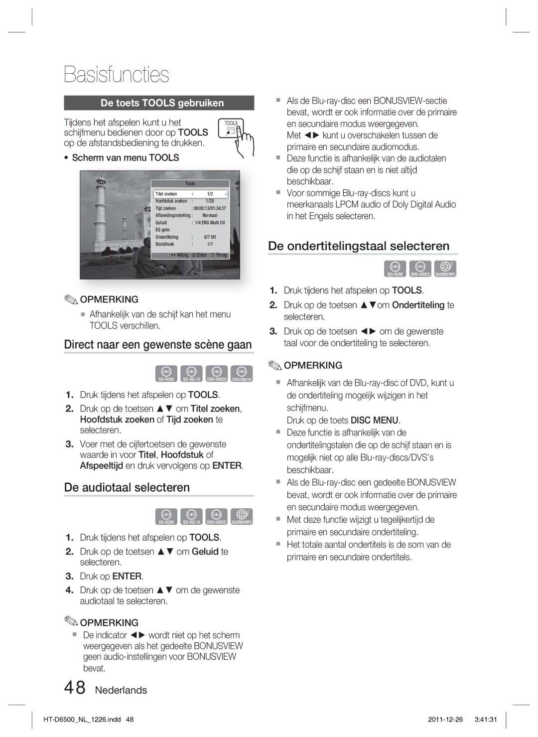 Samsung HT-D6500/XN manual De audiotaal selecteren, De ondertitelingstaal selecteren, De toets Tools gebruiken 