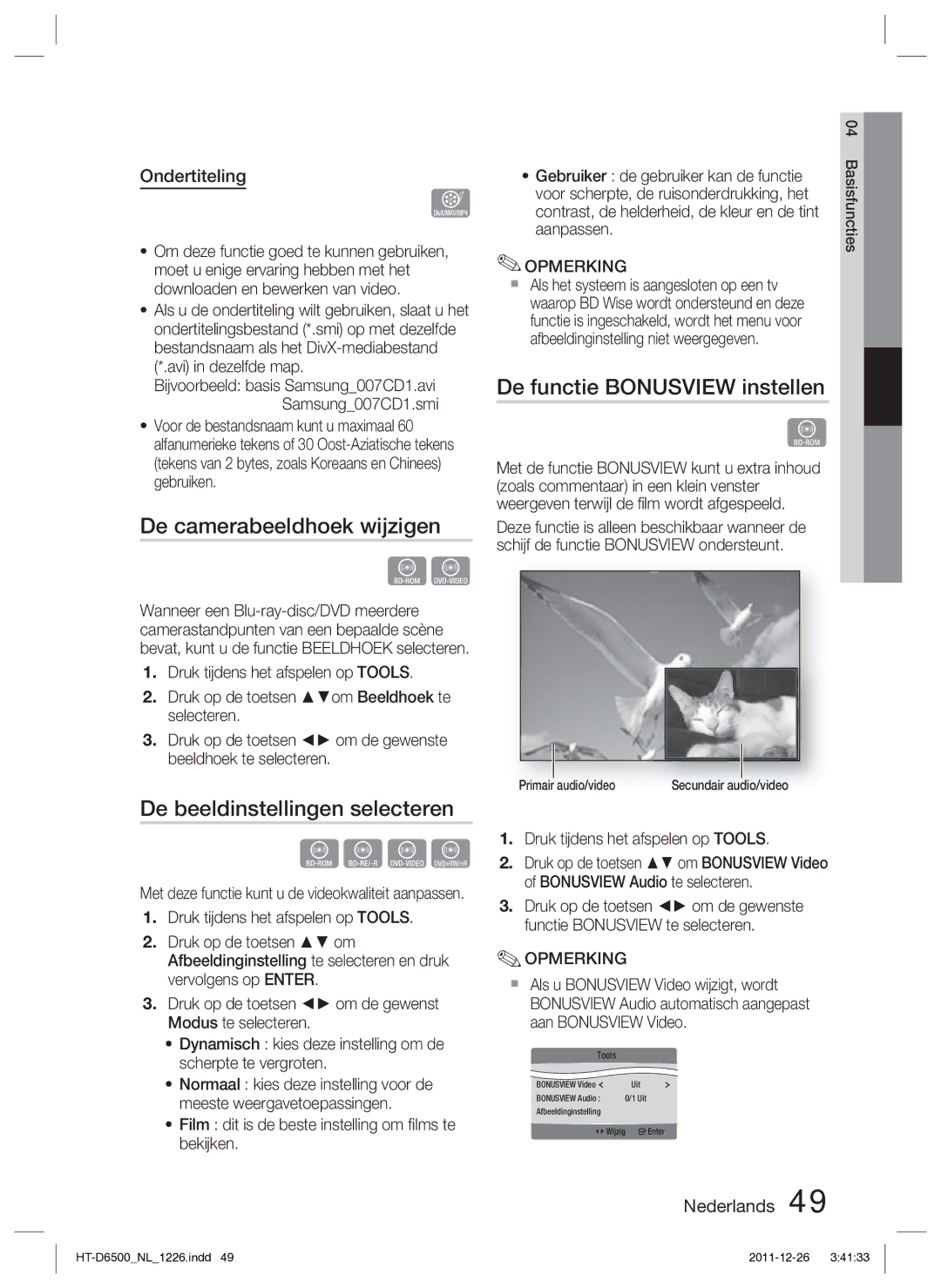 Samsung HT-D6500/XN manual De functie Bonusview instellen, De camerabeeldhoek wijzigen, De beeldinstellingen selecteren 