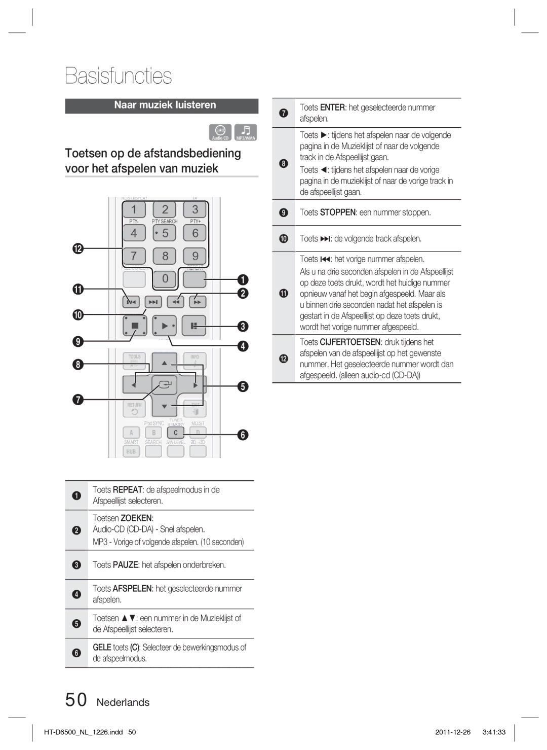 Samsung HT-D6500/XN manual Naar muziek luisteren, Toetsen Zoeken Audio-CD CD-DA Snel afspelen 