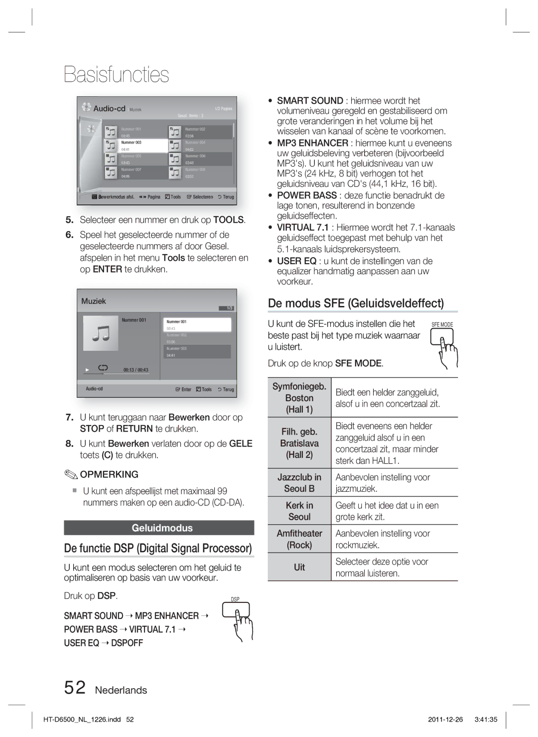 Samsung HT-D6500/XN manual De modus SFE Geluidsveldeffect, De functie DSP Digital Signal Processor, Geluidmodus 