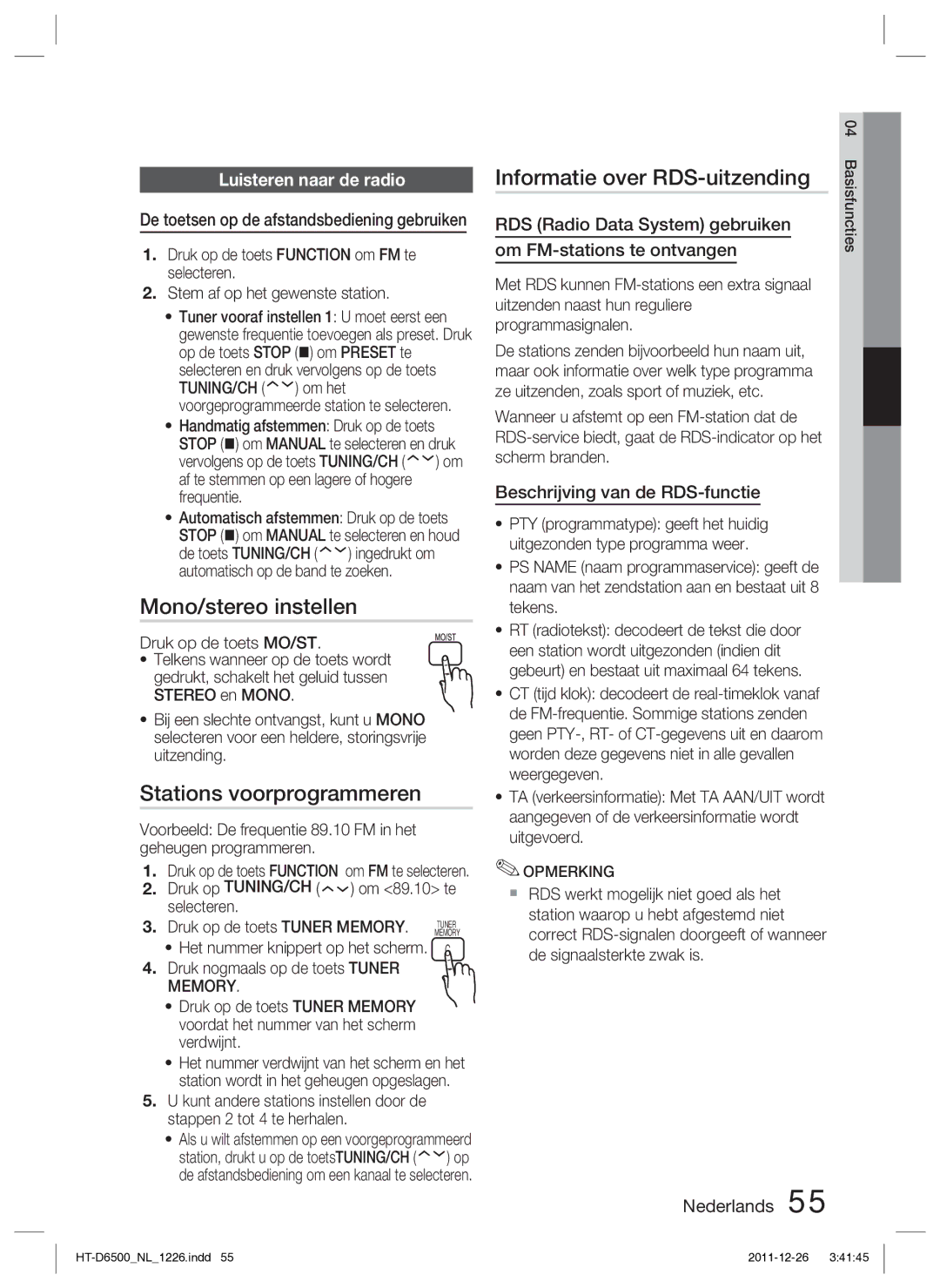 Samsung HT-D6500/XN manual Mono/stereo instellen, Stations voorprogrammeren, Informatie over RDS-uitzending 