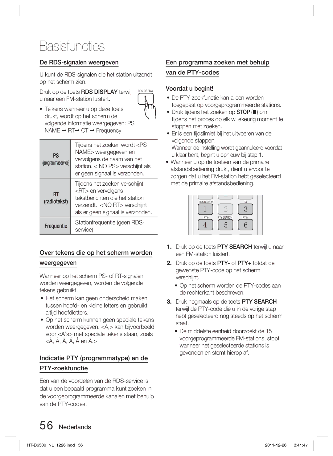 Samsung HT-D6500/XN manual De RDS-signalen weergeven, Over tekens die op het scherm worden Weergegeven 