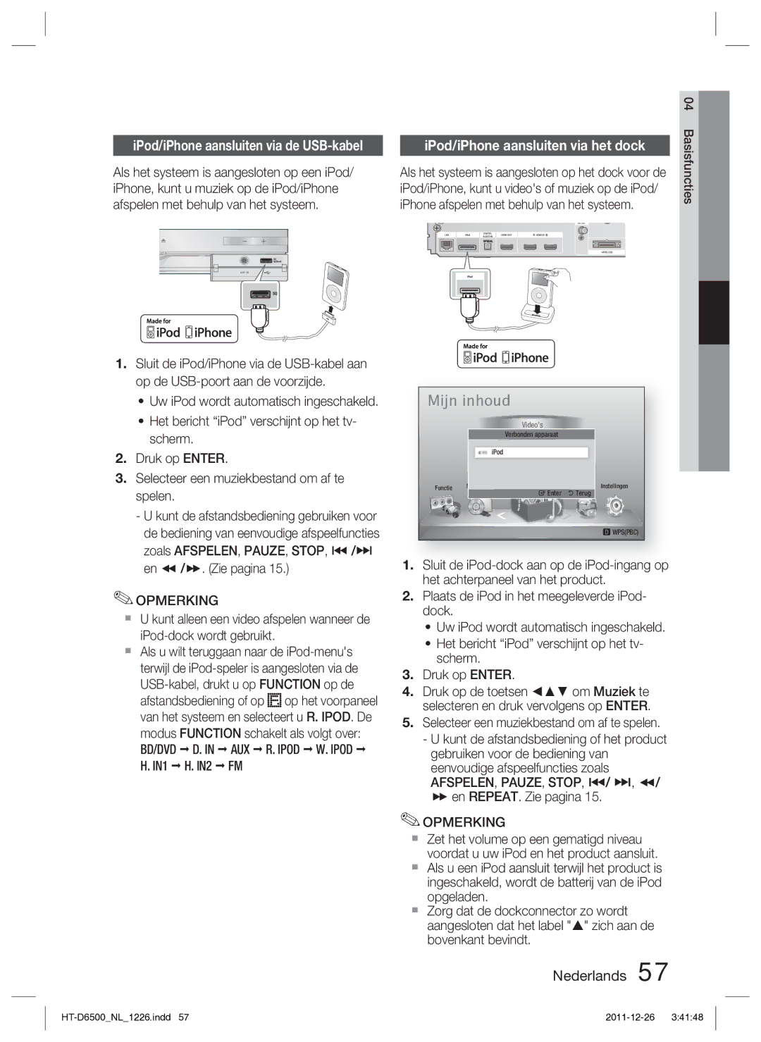 Samsung HT-D6500/XN manual IPod/iPhone aansluiten via het dock, IN1 IN2 