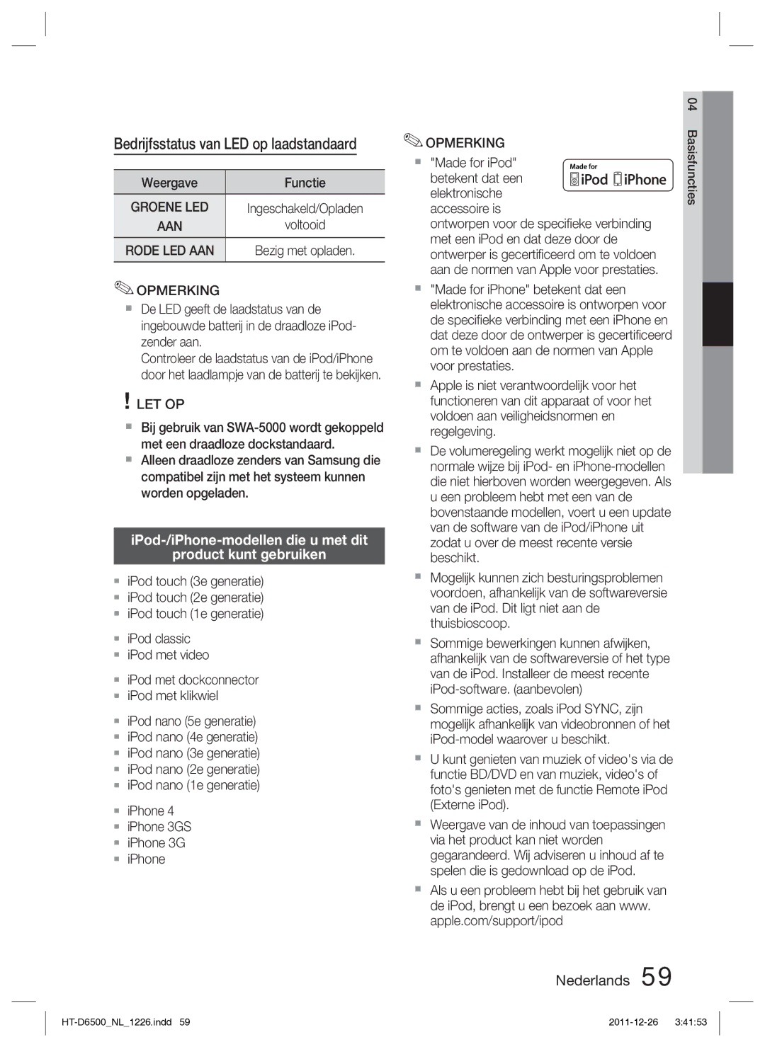 Samsung HT-D6500/XN Bedrijfsstatus van LED op laadstandaard, IPod-/iPhone-modellen die u met dit Product kunt gebruiken 