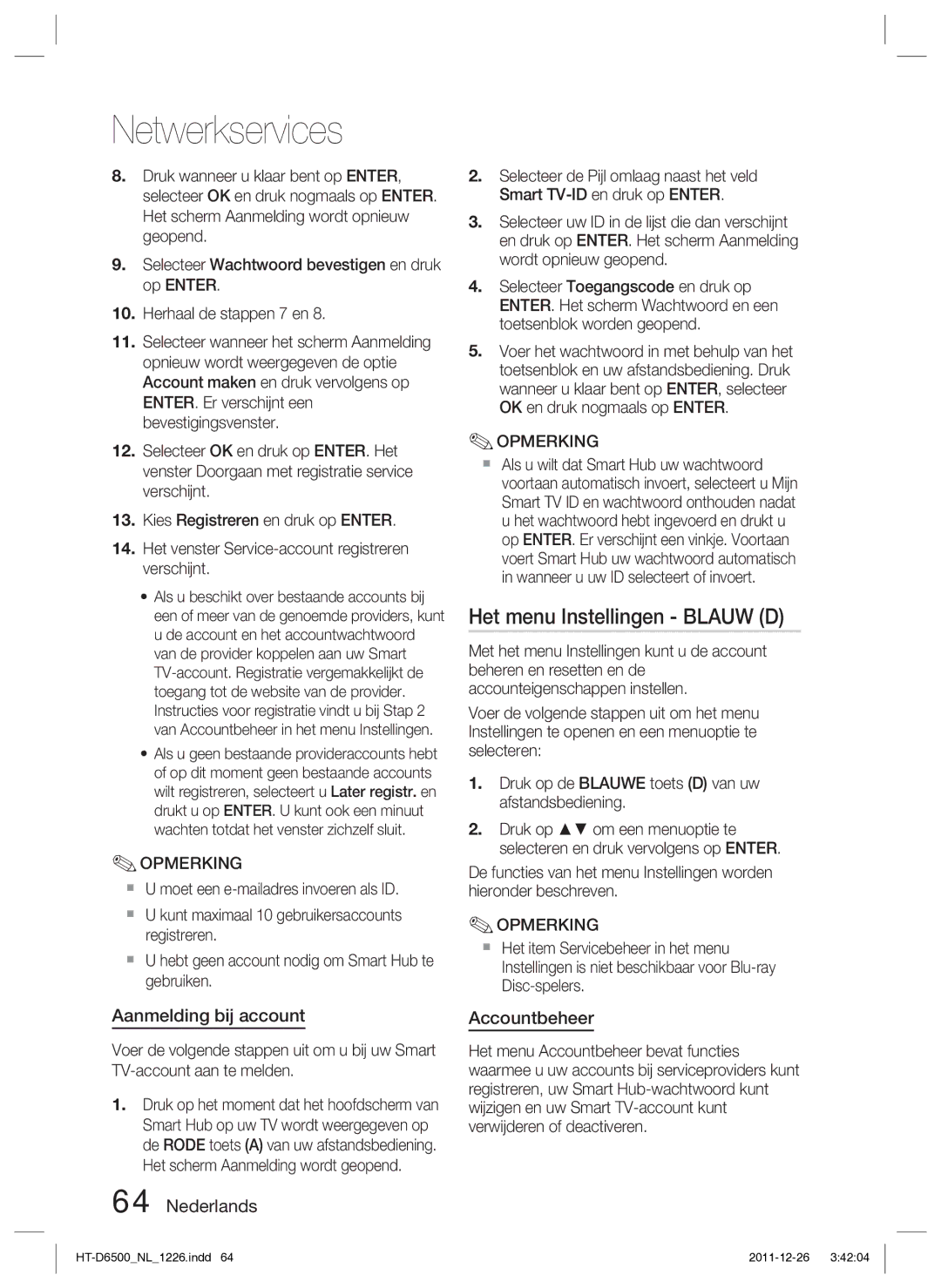 Samsung HT-D6500/XN manual Het menu Instellingen Blauw D, Aanmelding bij account, Nederlands Accountbeheer 