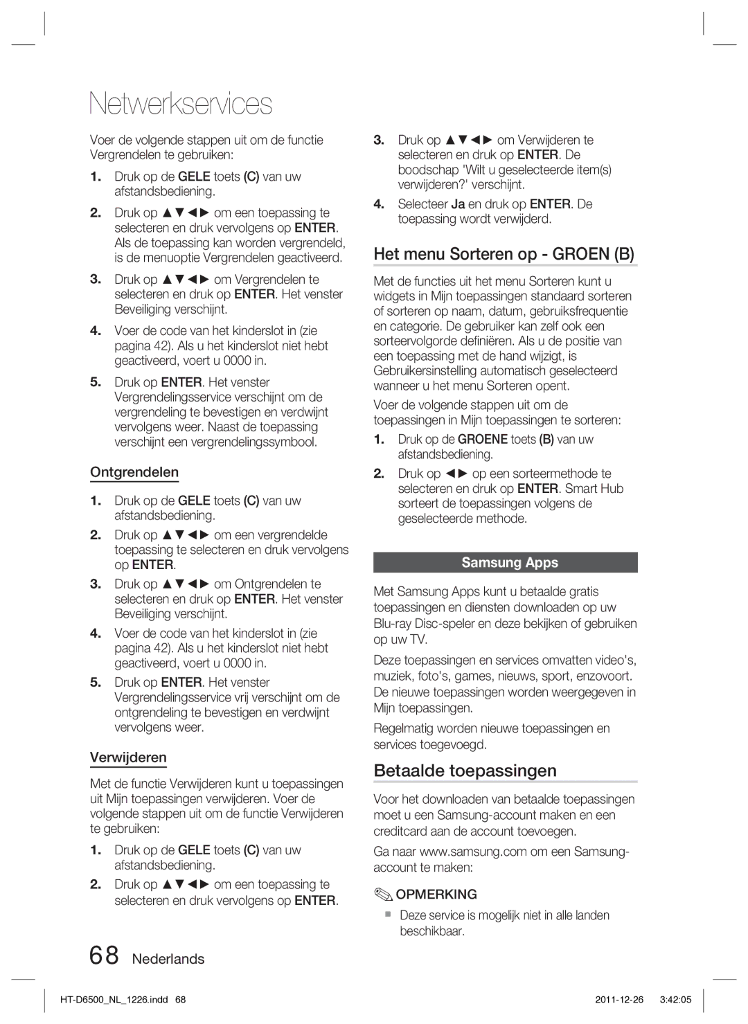 Samsung HT-D6500/XN manual Het menu Sorteren op Groen B, Betaalde toepassingen, Ontgrendelen, Verwijderen, Samsung Apps 