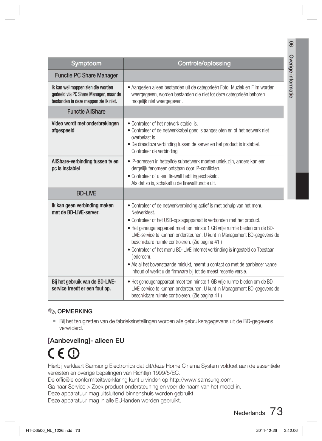 Samsung HT-D6500/XN manual Aanbeveling- alleen EU 