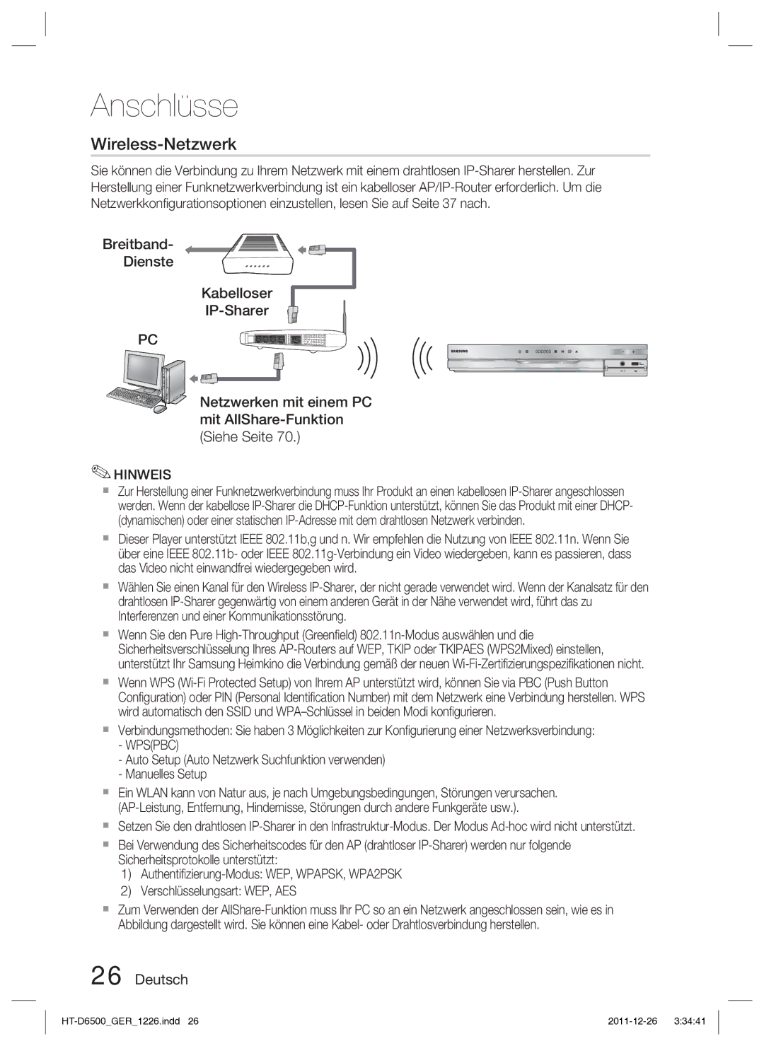 Samsung HT-D6500/XN manual Wireless-Netzwerk, Wpspbc 