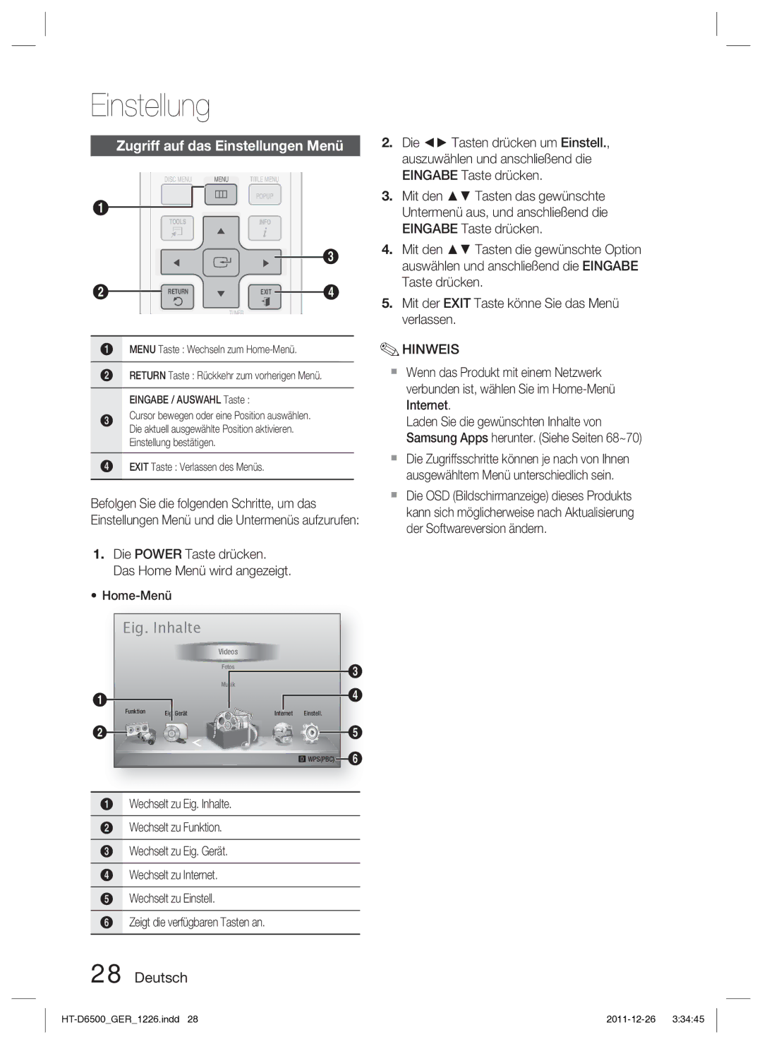 Samsung HT-D6500/XN manual Zugriff auf das Einstellungen Menü 