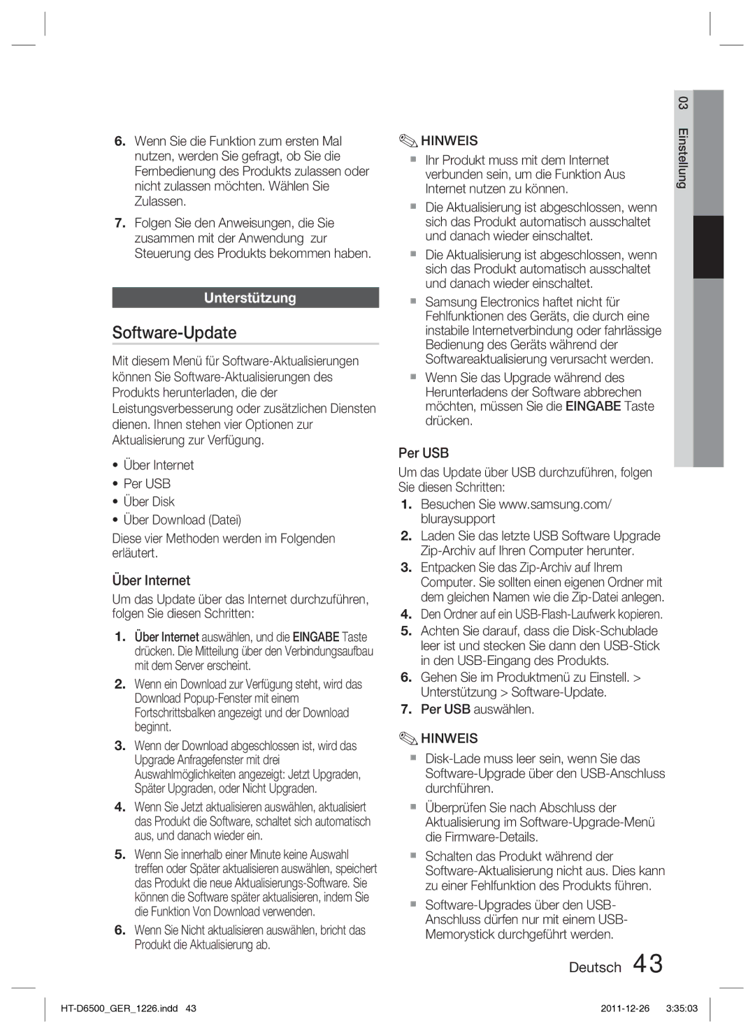 Samsung HT-D6500/XN manual Software-Update, Unterstützung, Über Internet, Per USB 