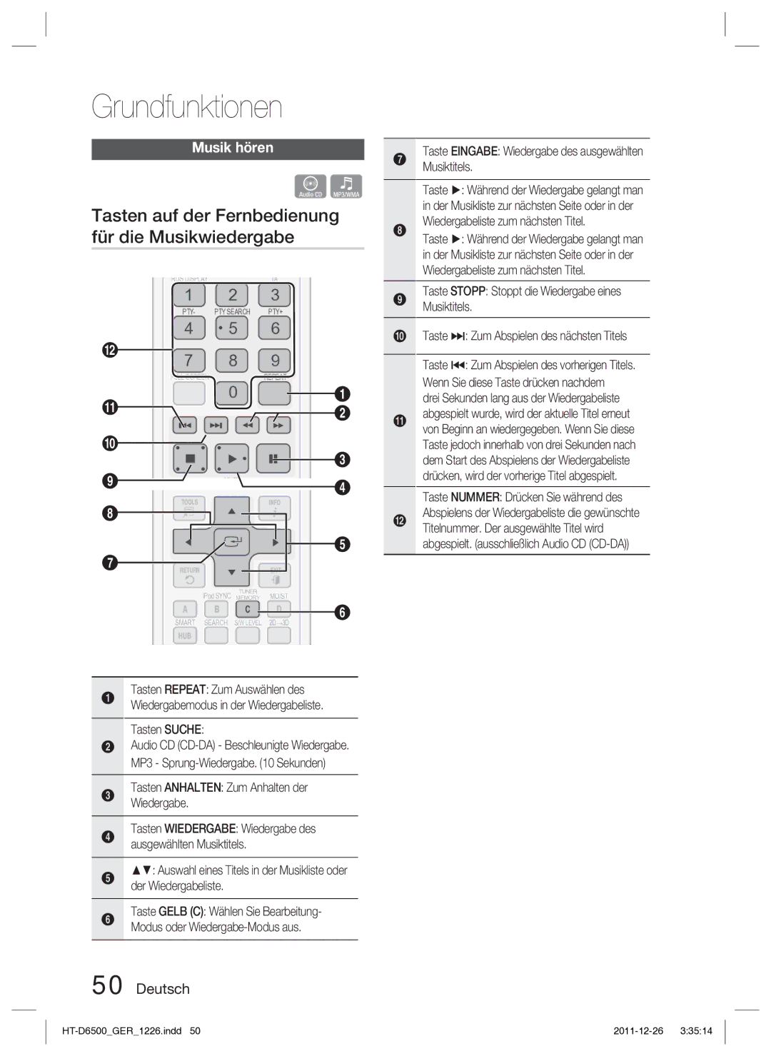 Samsung HT-D6500/XN manual Tasten auf der Fernbedienung für die Musikwiedergabe, Musik hören 