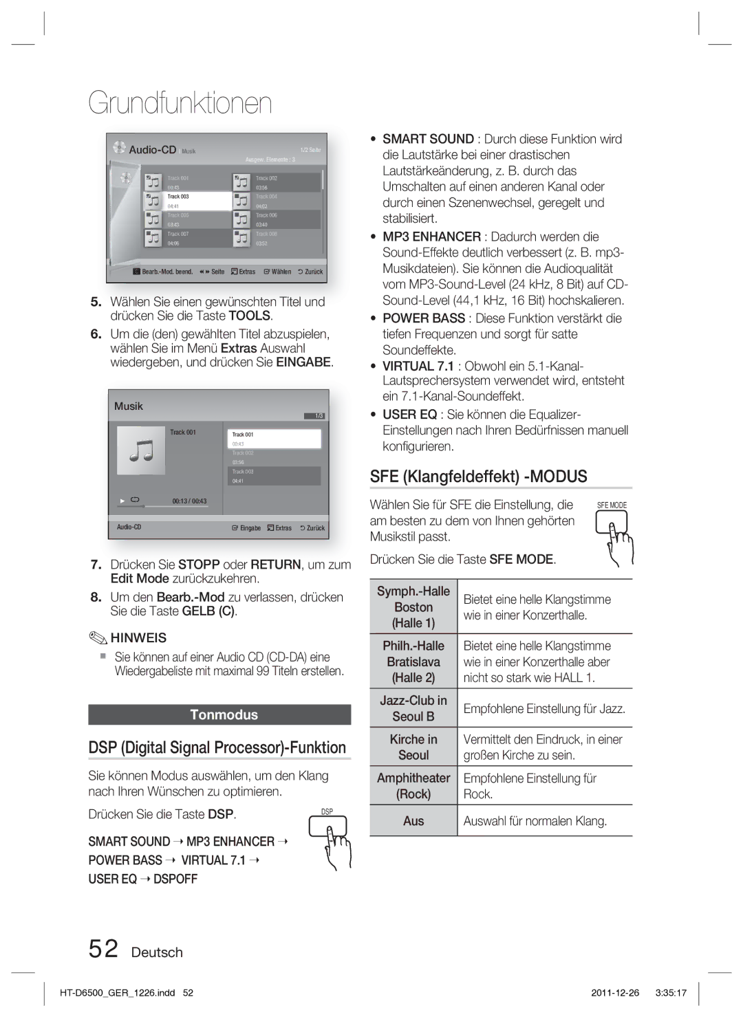 Samsung HT-D6500/XN manual SFE Klangfeldeffekt -MODUS, DSP Digital Signal Processor-Funktion, Tonmodus 