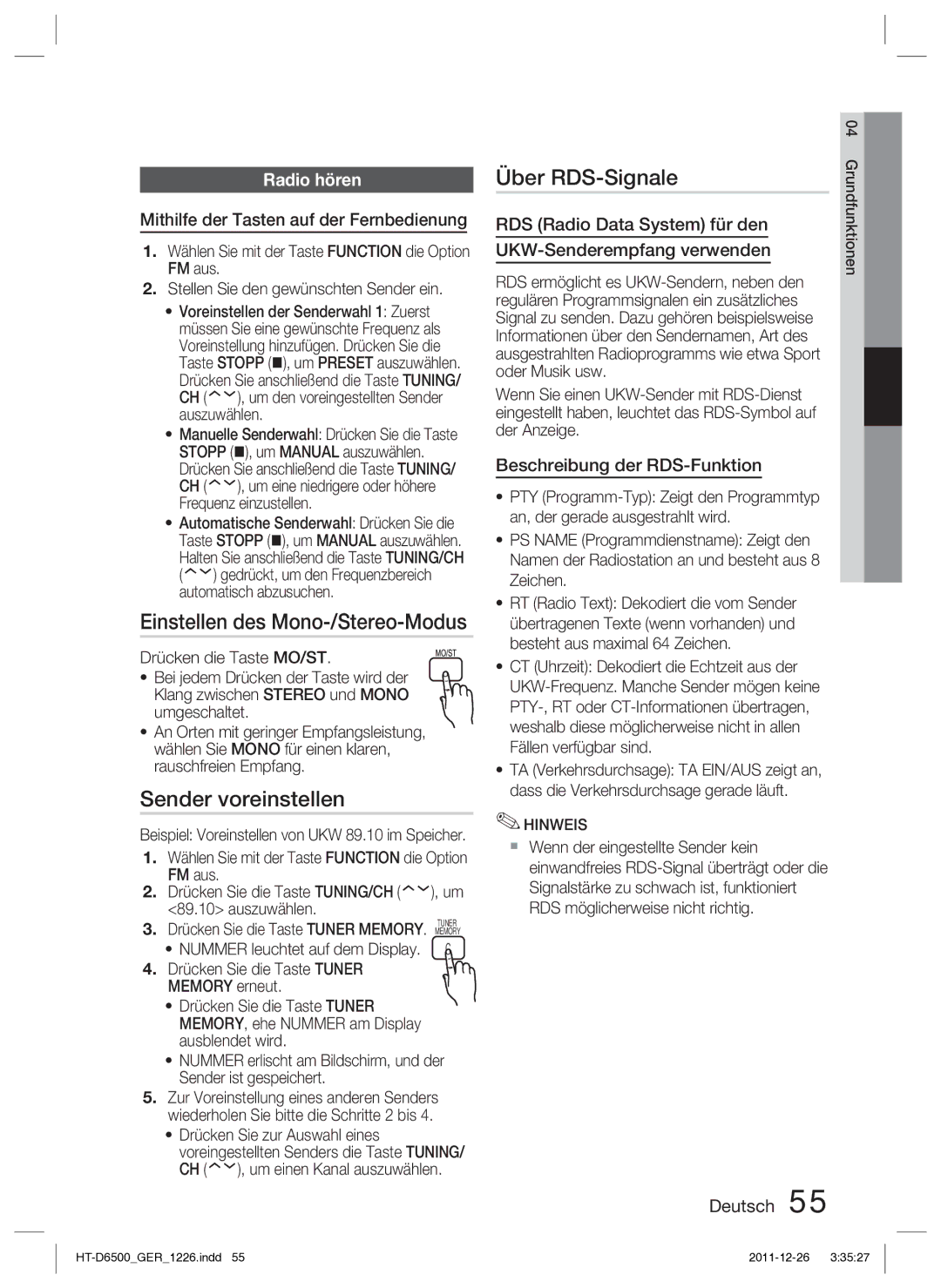 Samsung HT-D6500/XN manual Einstellen des Mono-/Stereo-Modus, Sender voreinstellen, Über RDS-Signale, Radio hören 