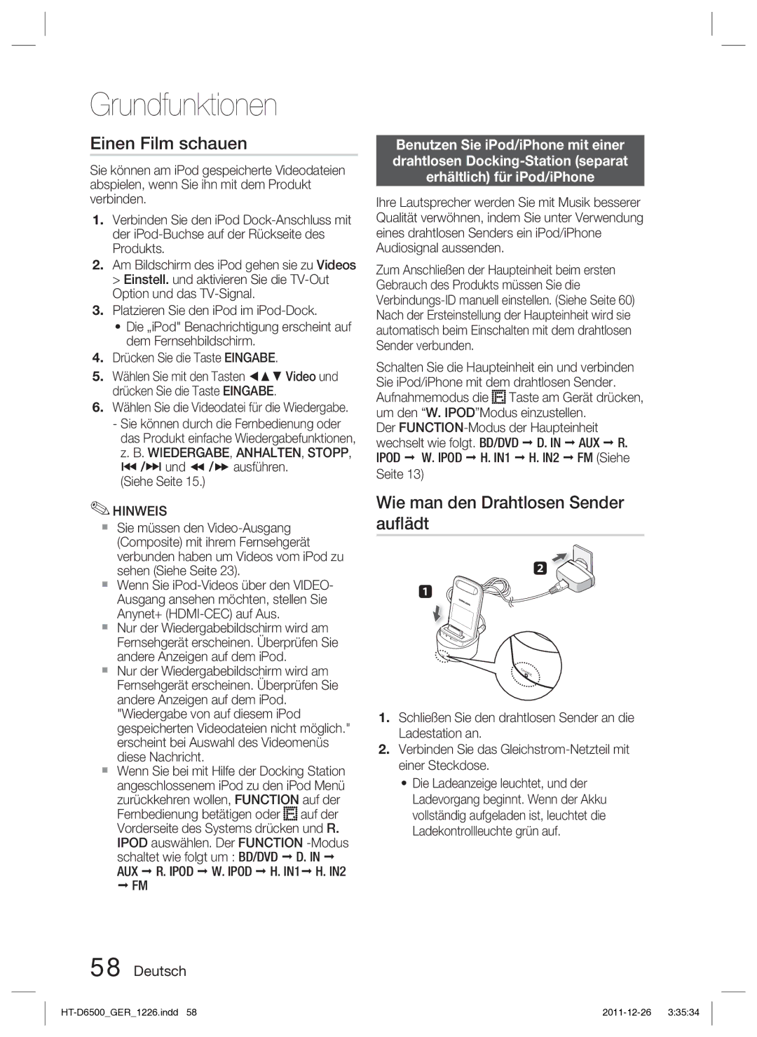 Samsung HT-D6500/XN Einen Film schauen, Wie man den Drahtlosen Sender auﬂädt, AUX R. Ipod W. Ipod H. IN1 H. IN2, Aux R 