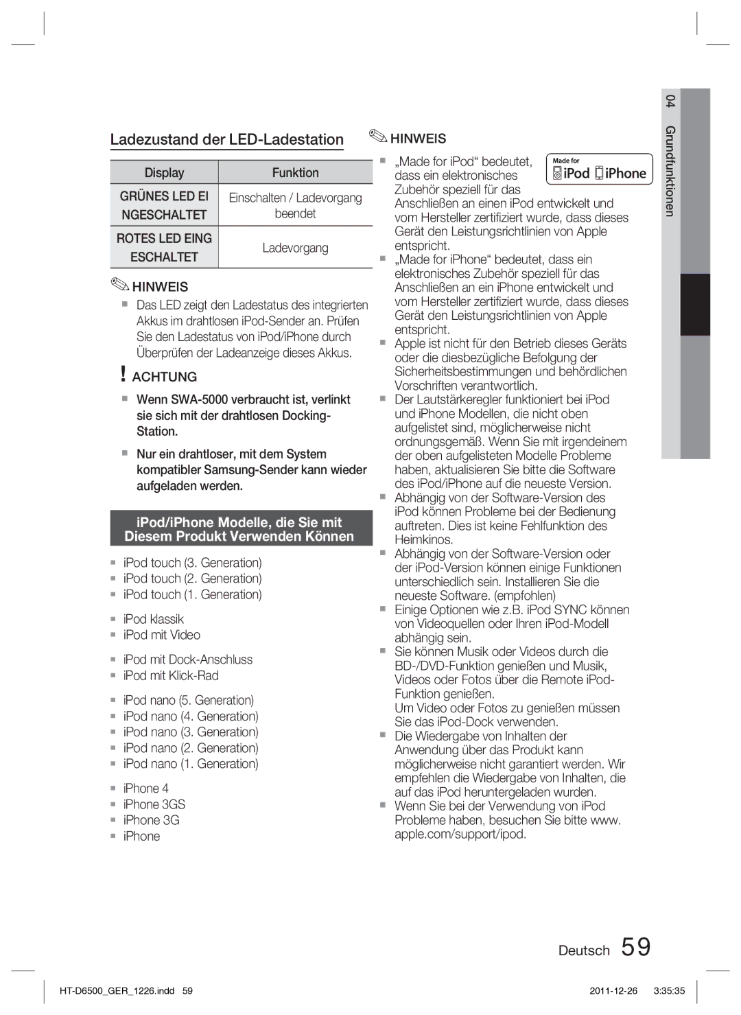 Samsung HT-D6500/XN Ladezustand der LED-Ladestation, IPod/iPhone Modelle, die Sie mit, Diesem Produkt Verwenden Können 