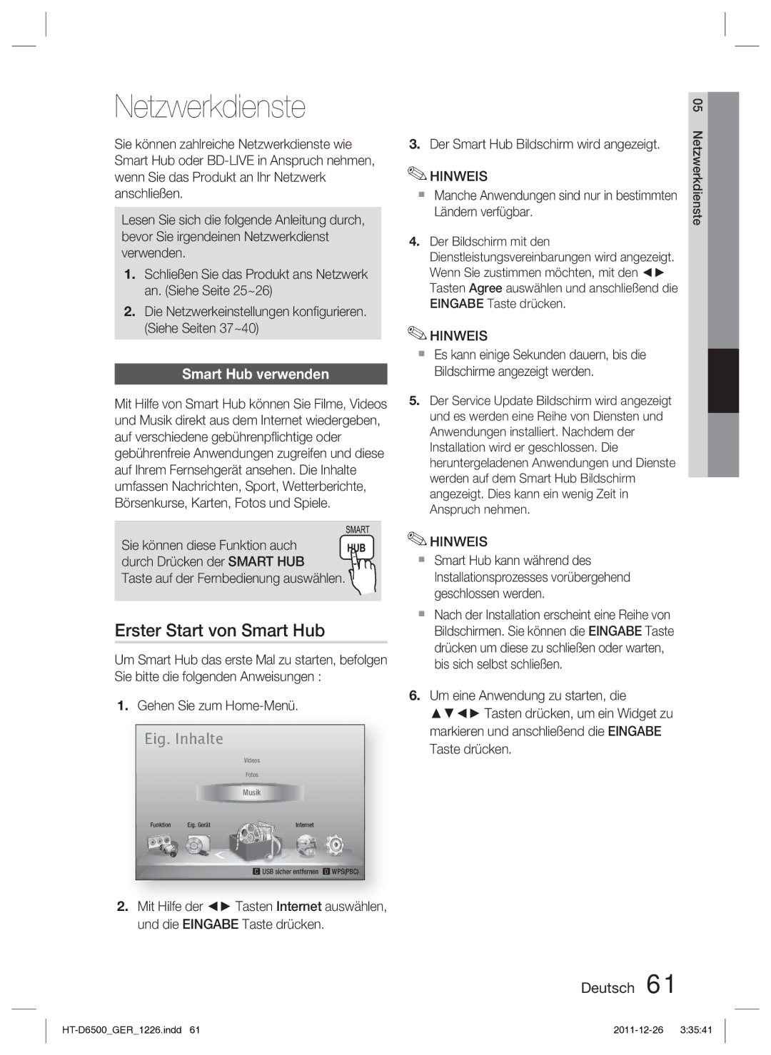 Samsung HT-D6500/XN manual Netzwerkdienste, Erster Start von Smart Hub, Smart Hub verwenden 