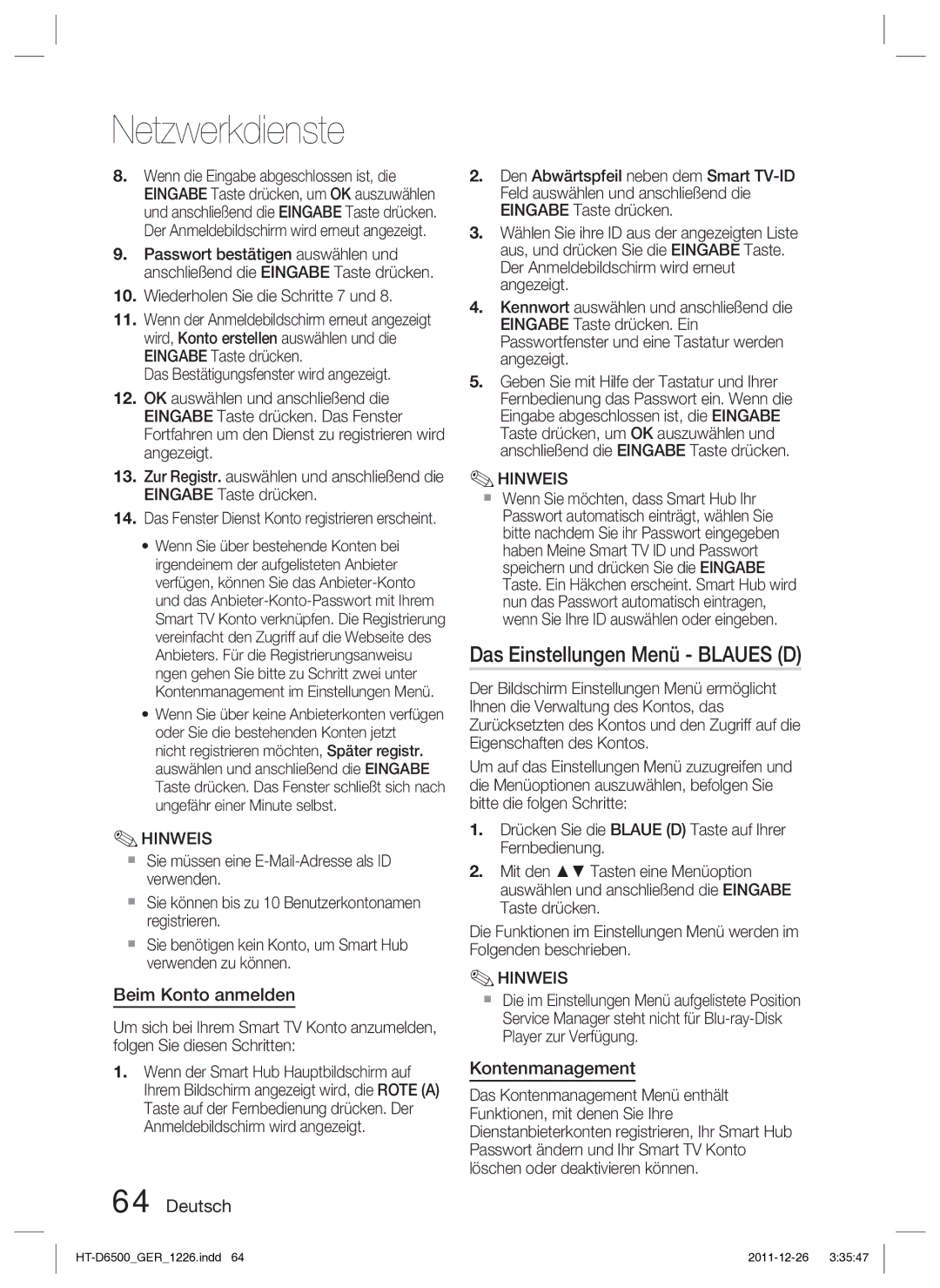 Samsung HT-D6500/XN manual Das Einstellungen Menü Blaues D, Beim Konto anmelden, Kontenmanagement 