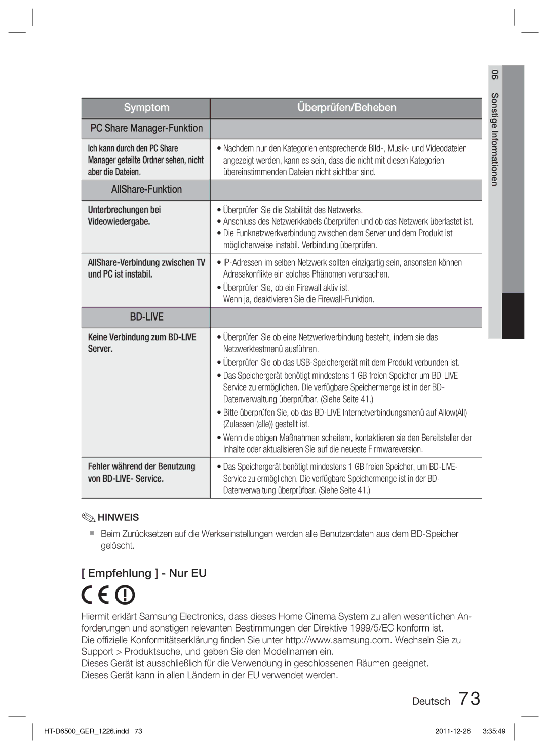 Samsung HT-D6500/XN manual Empfehlung Nur EU 