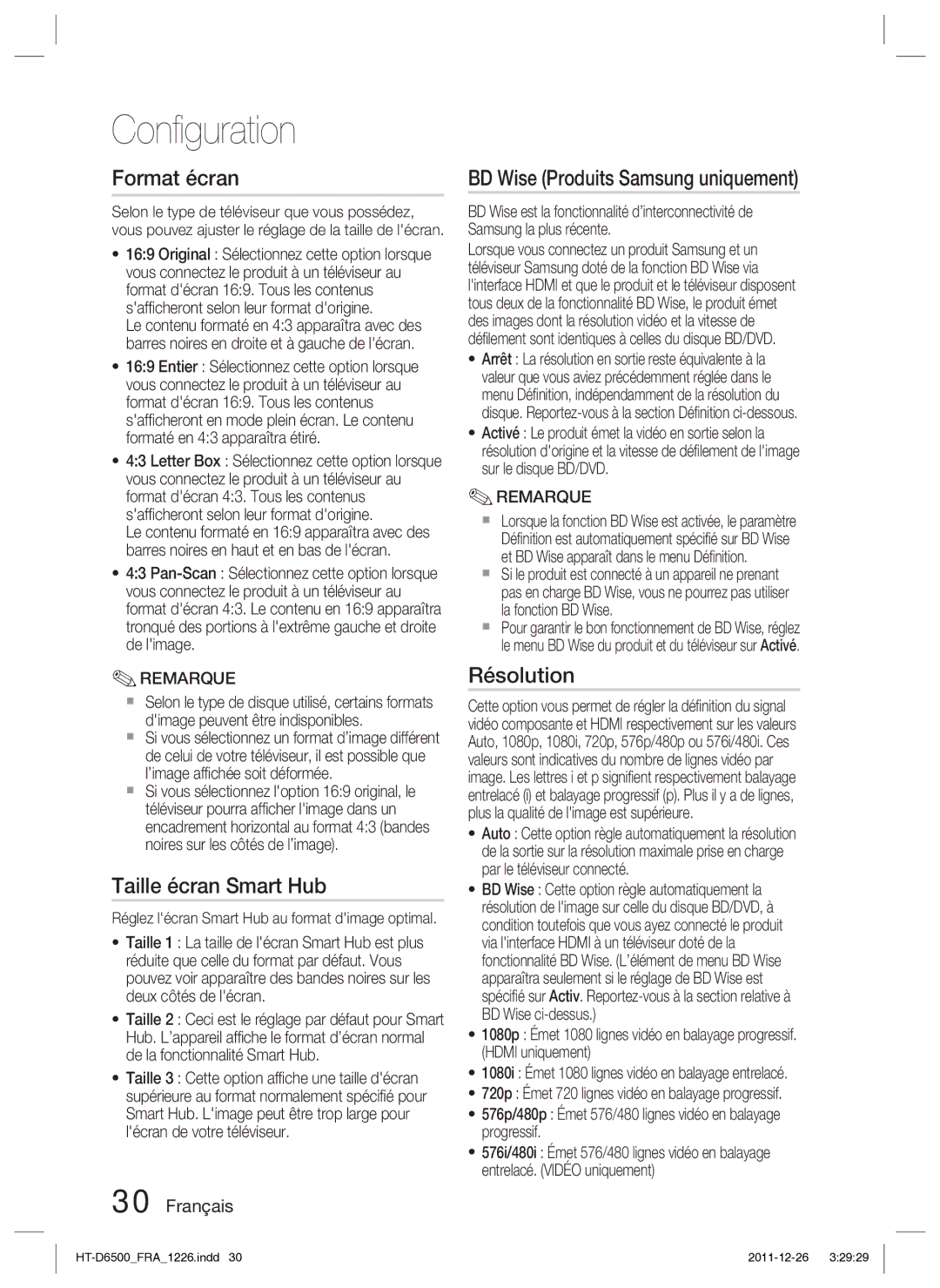 Samsung HT-D6500/XN manual Format écran, Taille écran Smart Hub, BD Wise Produits Samsung uniquement, Résolution 