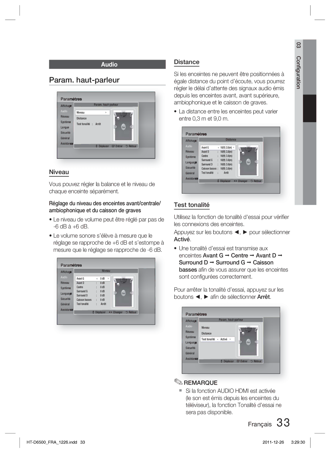 Samsung HT-D6500/XN manual Param. haut-parleur, Audio, Niveau, Test tonalité, Distance 