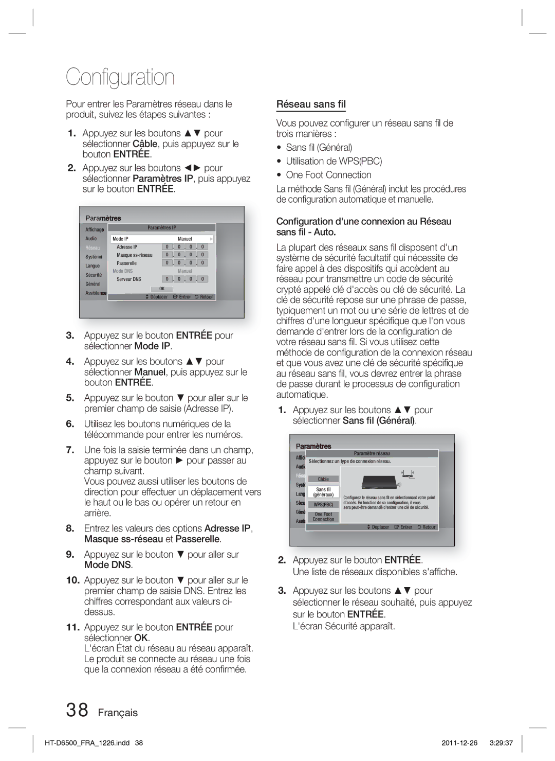 Samsung HT-D6500/XN manual Français Réseau sans ﬁl, Appuyez sur les boutons pour sélectionner Sans ﬁl Général 