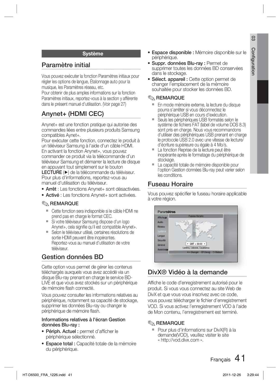 Samsung HT-D6500/XN manual Paramètre initial, Anynet+ Hdmi CEC, Gestion données BD, Fuseau Horaire, DivX Vidéo à la demande 