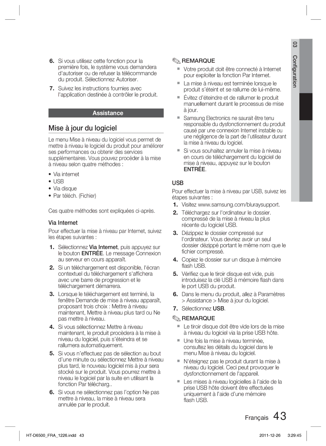 Samsung HT-D6500/XN manual Mise à jour du logiciel, Assistance, Via Internet, Niveau selon quatre méthodes Via internet 