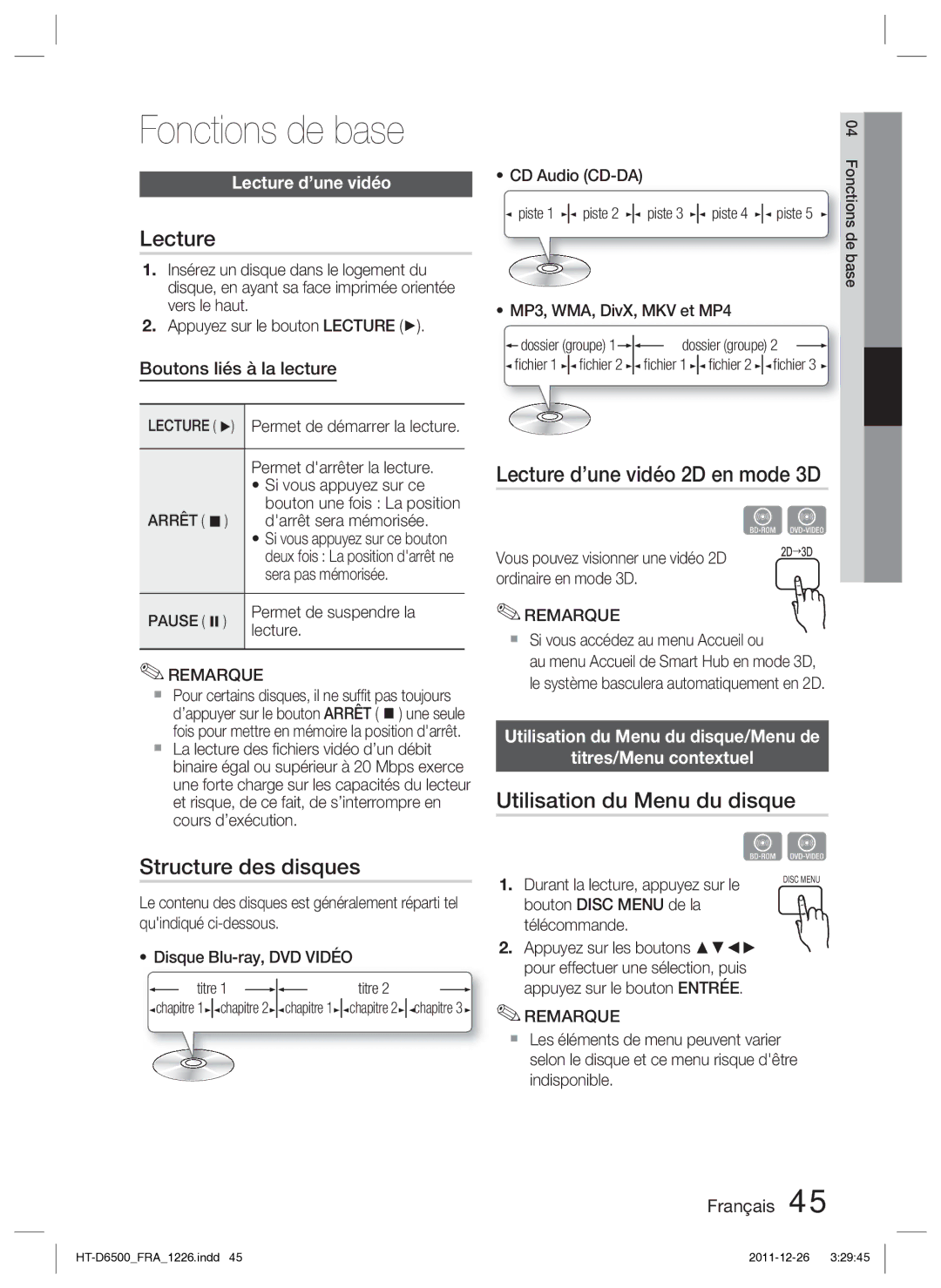 Samsung HT-D6500/XN manual Fonctions de base, Structure des disques, Lecture d’une vidéo 2D en mode 3D 