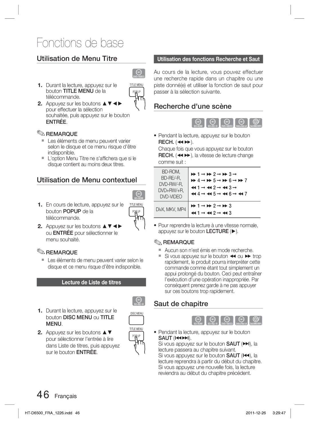 Samsung HT-D6500/XN Utilisation de Menu Titre, Utilisation de Menu contextuel, Recherche dune scène, Saut de chapitre 