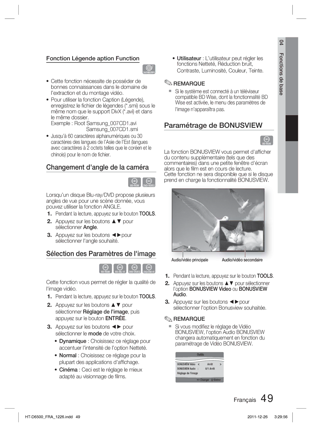 Samsung HT-D6500/XN manual Changement dangle de la caméra, Sélection des Paramètres de limage, Paramétrage de Bonusview 