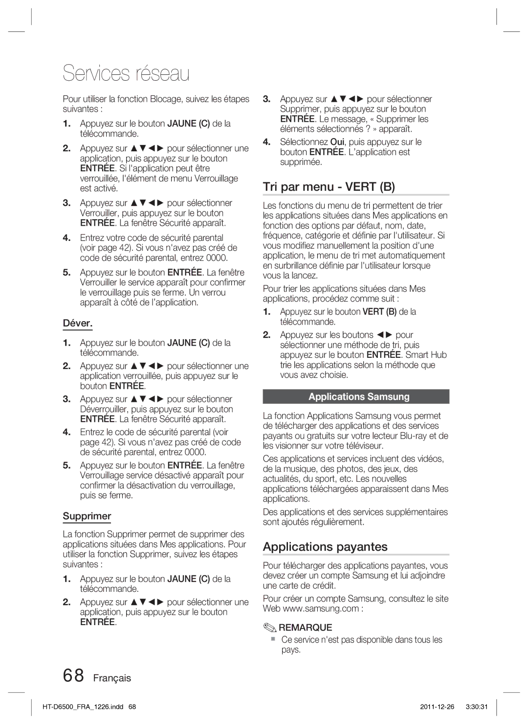 Samsung HT-D6500/XN manual Tri par menu Vert B, Applications payantes, Déver, Supprimer, Applications Samsung 