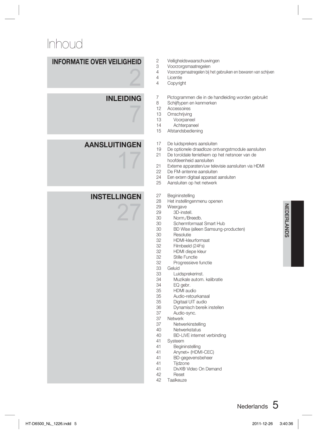 Samsung HT-D6500/XN manual Inhoud 