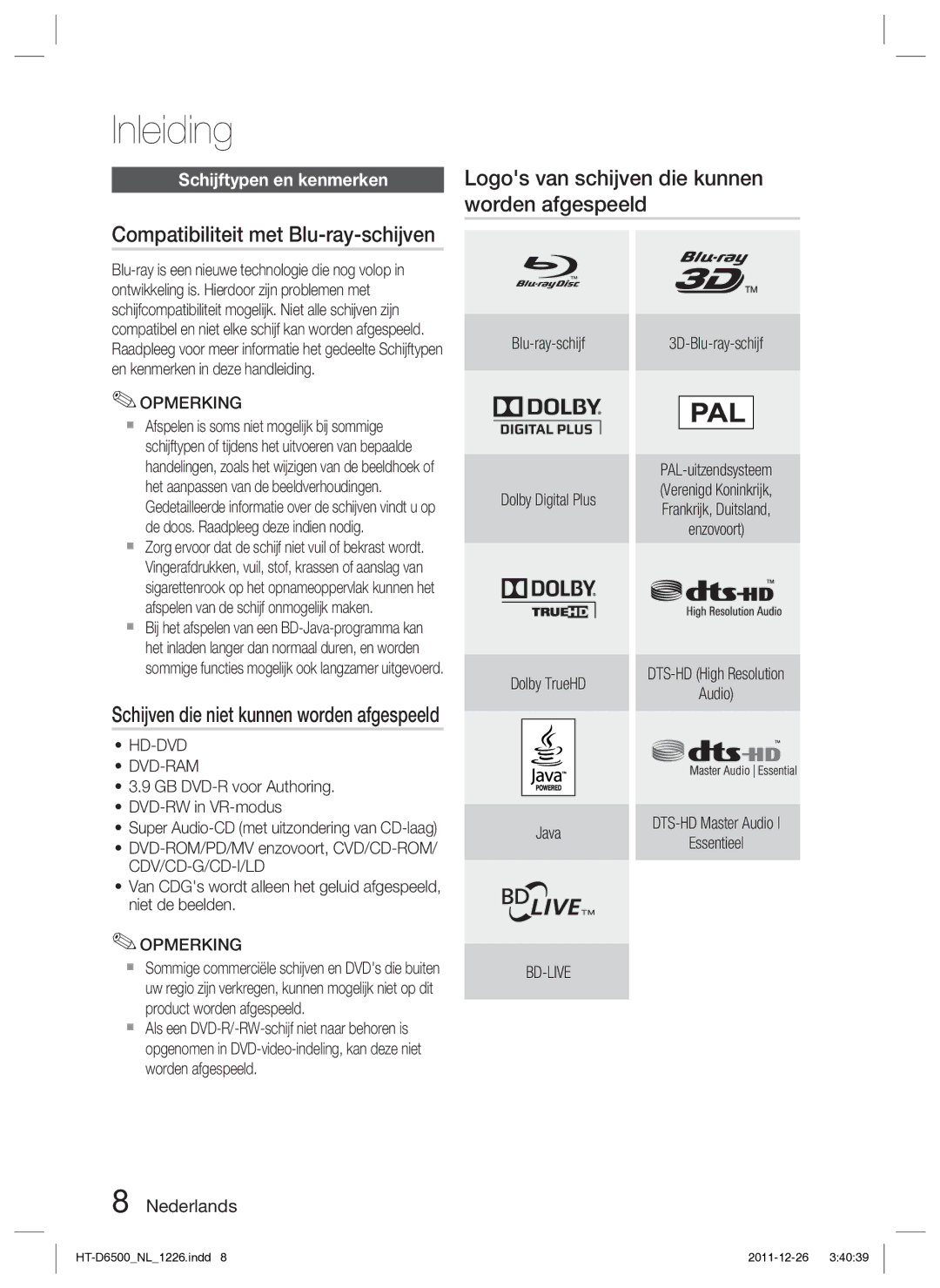 Samsung HT-D6500/XN manual Schijven die niet kunnen worden afgespeeld, Schijftypen en kenmerken, Hd-Dvd Dvd-Ram 