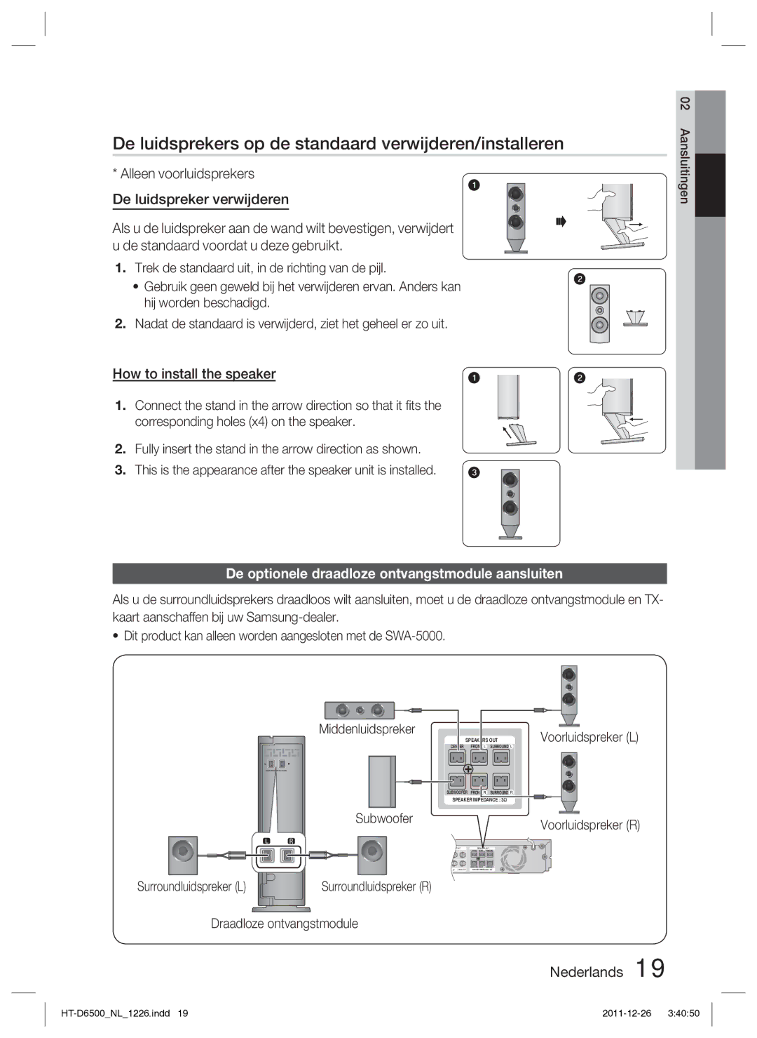 Samsung HT-D6500/XN manual De luidsprekers op de standaard verwijderen/installeren, How to install the speaker 