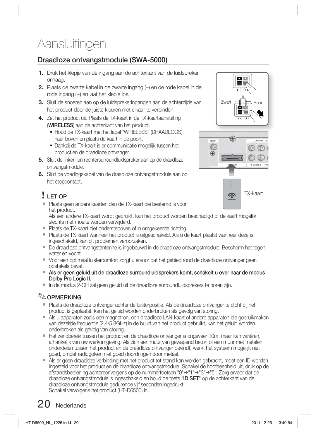 Samsung HT-D6500/XN manual Draadloze ontvangstmodule SWA-5000, Schakel vervolgens het product HT-D6500, Zwart 