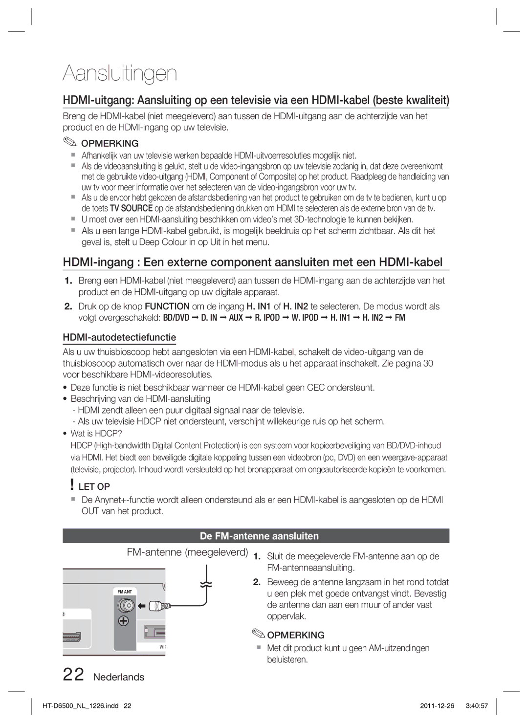 Samsung HT-D6500/XN manual FM-antenne meegeleverd, HDMI-autodetectiefunctie, De FM-antenne aansluiten 