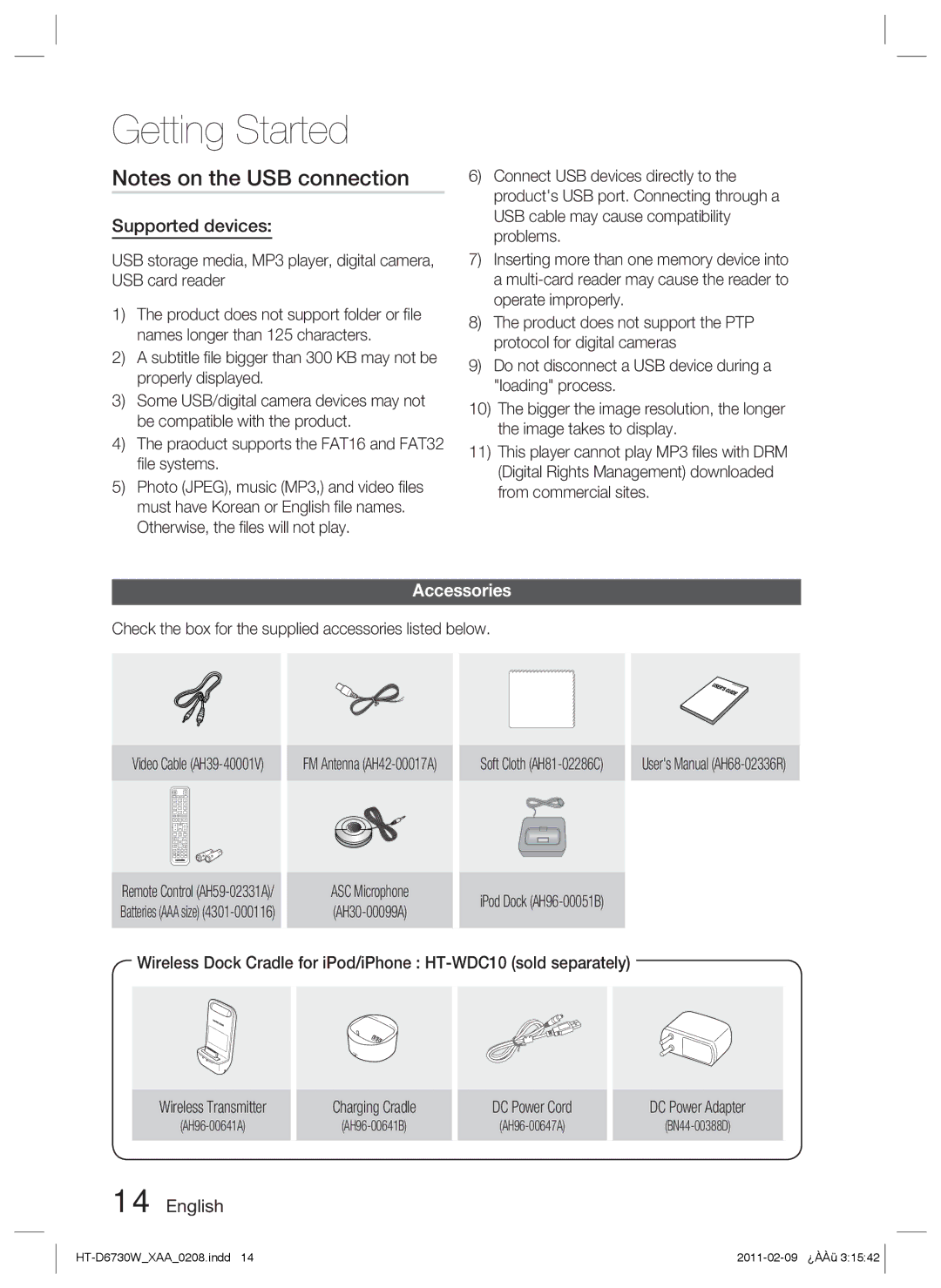 Samsung HT-D6730W user manual Supported devices, Accessories 