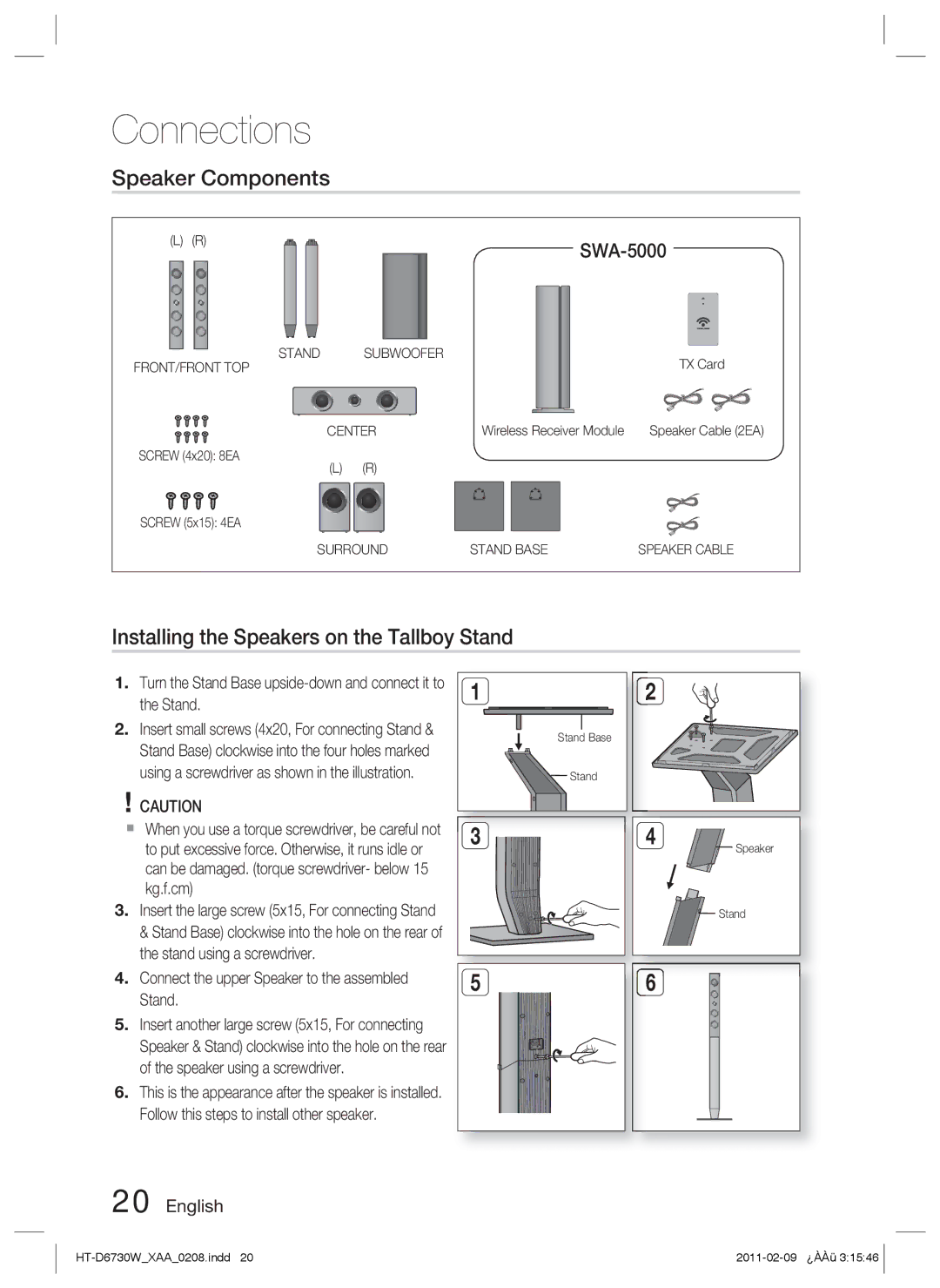 Samsung HT-D6730W user manual Speaker Components, Installing the Speakers on the Tallboy Stand 