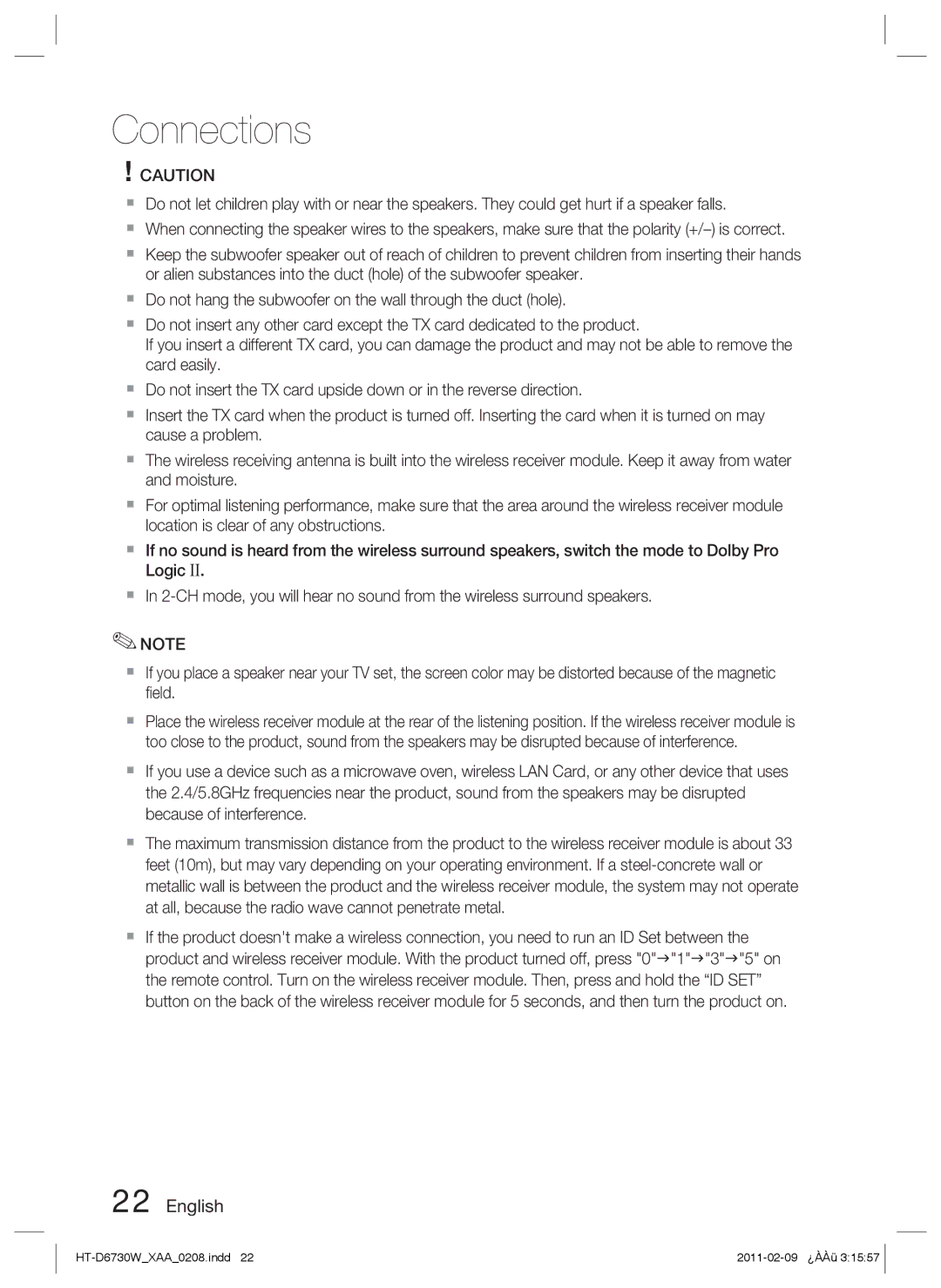 Samsung HT-D6730W user manual Connections 