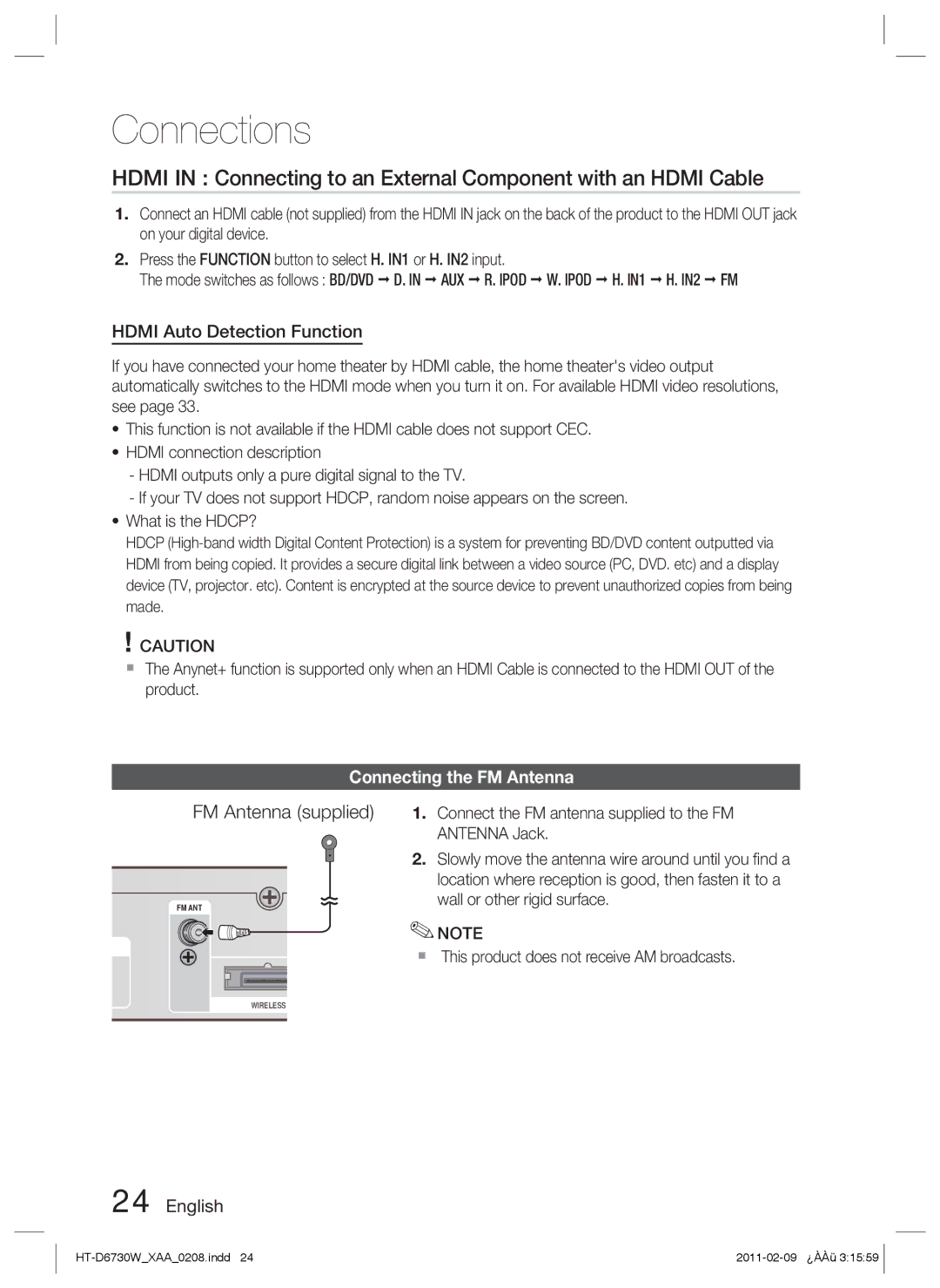 Samsung HT-D6730W user manual Hdmi Auto Detection Function, Connecting the FM Antenna 