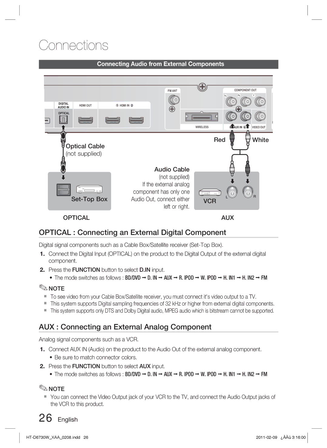 Samsung HT-D6730W user manual Optical Connecting an External Digital Component, AUX Connecting an External Analog Component 